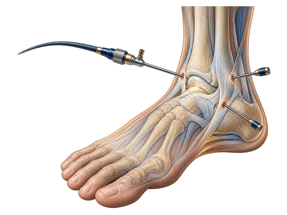 Ilustração educativa de cirurgia minimamente invasiva do pé e tornozelo